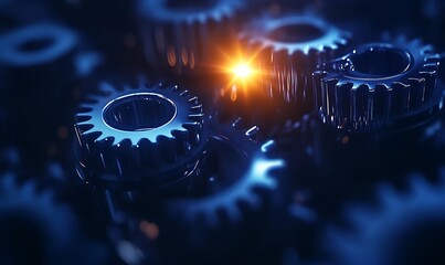 Fototapete - A close-up of interconnected gears, illuminated by a soft light, showcasing mechanical intricacies and highlighting engineering precision.