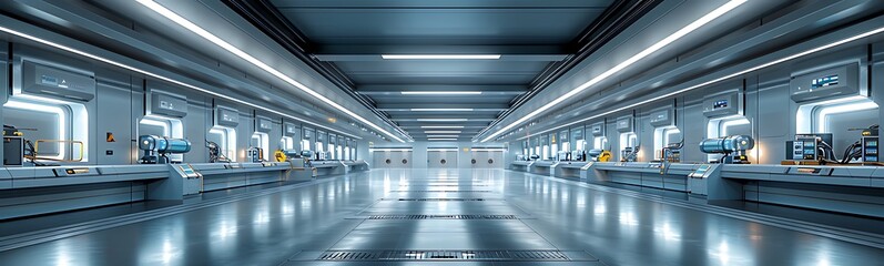 Poster - A futuristic industrial space with sleek, illuminated design and advanced technology throughout the production area.