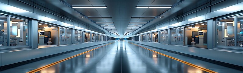 Fototapete - A futuristic corridor with bright lighting and sleek design, featuring transparent panels and a reflective floor, creating a modern, high-tech atmosphere.