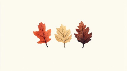 Wall Mural - Three autumn leaves arranged on a soft background, showcasing seasonal colors.