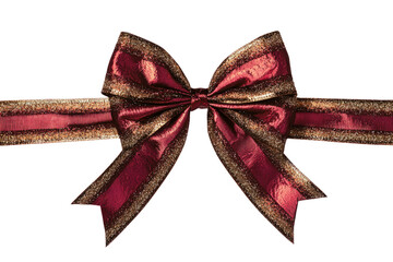 A luxurious red and gold ribbon bow set against a transparent background, perfect for gift wrapping or decorative purposes.