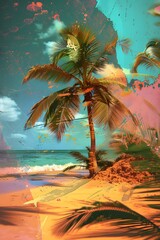 Poster - Palm tree filled D abstract beach scene AI generated illustration