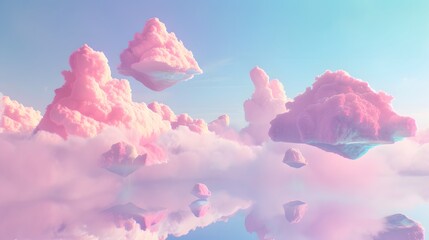 Fototapete - Pastel toned skyscape with whimsical floating islands in D AI generated illustration