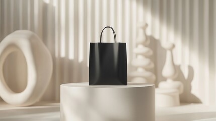 Poster - Minimalist black shopping bag displayed on a circular pedestal amid soft lighting and geometric forms in a modern setting