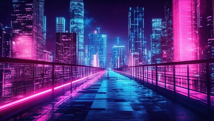 Poster - A digital art piece depicting an illuminated neon pink and blue bridge with futuristic skyscrapers