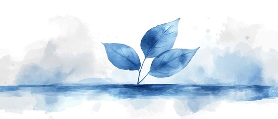 Wall Mural - watercolor illustration of blue leaves emerging from water.
