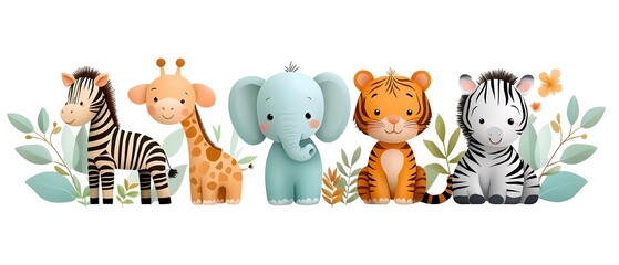 Cartoon of a Cute Collection of Baby Zoo Animals in Gentle Pastel Colors Including Elephant Giraffe Tiger and Zebra