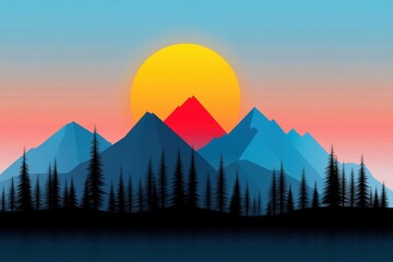 Wall Mural - Colorful sunset over mountains with silhouette of trees, digital artwork.