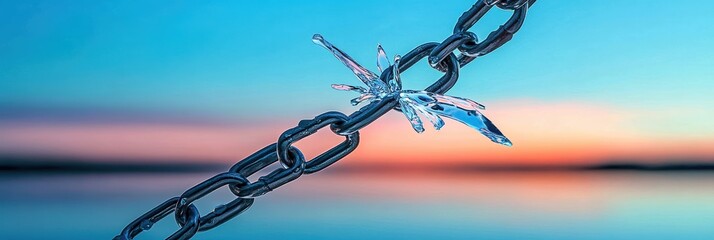 Wall Mural - Broken chain link against a vibrant sunset background.