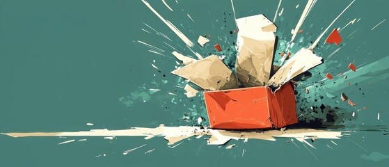 Wall Mural - Dynamic explosion of colorful objects from an opened cardboard box.