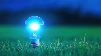 Wall Mural - Illuminated light bulb glowing in green grass at dusk.