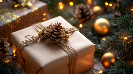 Wall Mural - elegantly wrapped christmas gift adorned with pinecone and twine, nestled among festive decorations 
