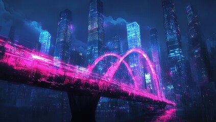Poster - A digital art piece depicting an illuminated neon pink and blue bridge with futuristic skyscrapers