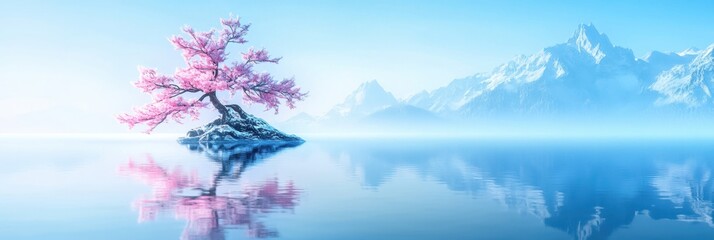 Wall Mural - serene landscape with a pink cherry blossom tree and snowy mountains reflecting in water.