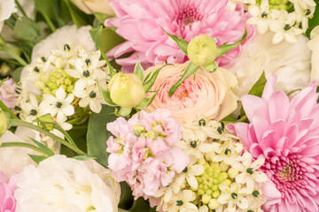 Wall Mural - Bouquet of flowers with pink roses, chrysanthemum and freesia flower in a vase isolated on a white background.