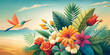 © Irma - Vibrant floral arrangement with tropical plants and a hummingbird near the ocean, with grain noise effect, copy space