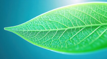 Wall Mural - close-up of a green leaf against a blue background.