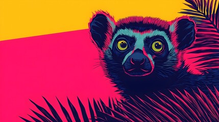 Mystical lemur perched on a glowing digital tree branch with holographic leaves in a vibrant neon cyber fantasy style  Surreal and abstract wildlife art with a futuristic psychedelic aesthetic