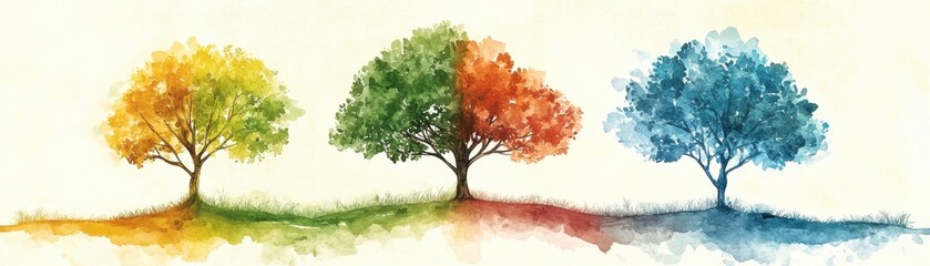 Wall Mural - colorful trees with splashes of paint, representing seasons on a subtle background.
