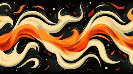 Wall Mural - Abstract wave pattern in orange and cream on a black background.