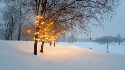 Wall Mural - Warm holiday lights illuminate snowy trees in serene winter landscape