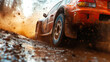 © Wararat - Driver in a rally car speeding through a dirt road, dust and action