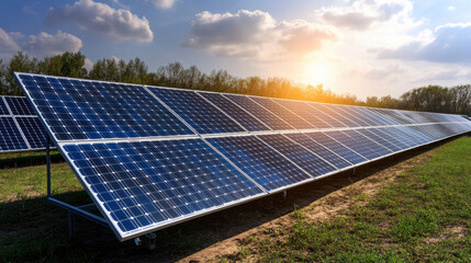 Solar panels in field under bright sunset sky, showcasing renewable energy