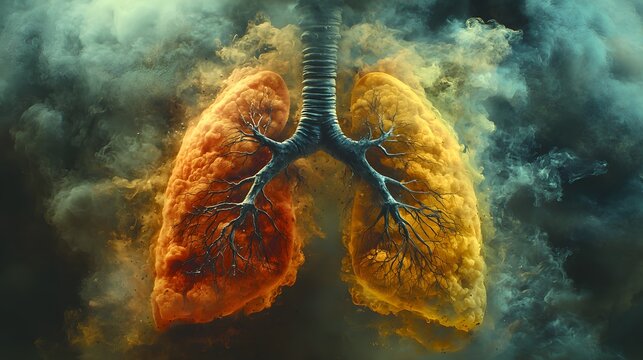 The lungs surrounded by a cloud of pollutants, like PM 2.5 particles.