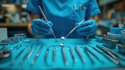 Wall Mural - Hygienist assisting a dentist with tools, organized and precise dental setup