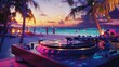 © Ruslan Gilmanshin - DJ turntable on beach at sunset, illuminated by neon lights against backdrop of palm trees, turquoise ocean, and glowing sky
