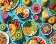 © Aqvarelka - Colorful variety of fresh smoothies and fruit bowls on vibrant blue background