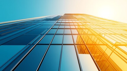 Illustrate a tilted angle view of a modern skyscraper reflecting sunlight, emphasizing its sleek glass facade against the clear blue sky