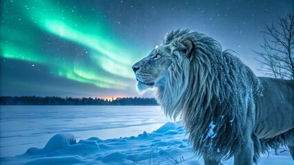 Majestic Lion in Icy Landscape Under Northern Lights