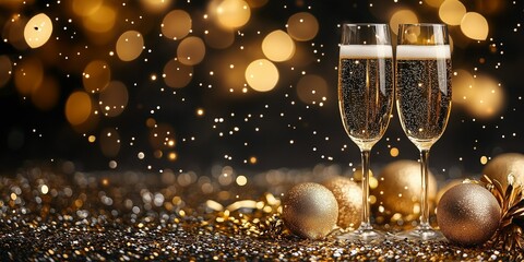 Two high glasses with sparkling champagne standing on the table decorated with golden Christmas balls, and glittering confetti against bokeh background