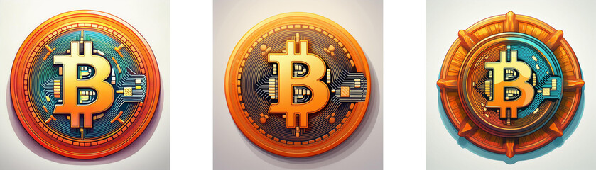 Poster - Three circular coins with a bitcoin symbol in the center. Each coin has a unique design with different colors and details around the symbol.