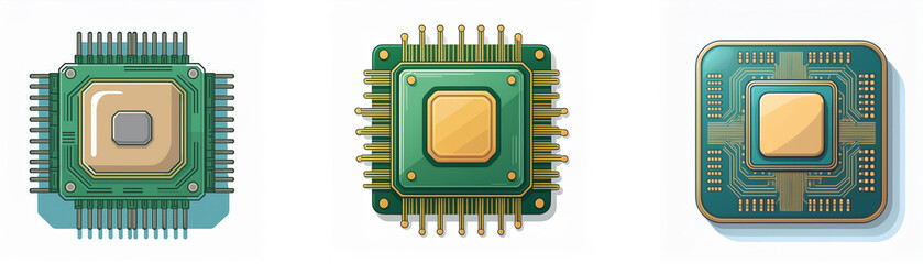 Poster - Three computer chips in green, blue, and gold colors are isolated on a white background.