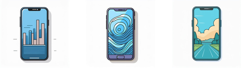 Fototapete - Three smartphones with different screen backgrounds, one with a bar chart, one with blue water and waves, and one with a landscape.