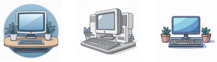 Aufkleber - Three cartoon illustrations of desktop computers with keyboards and potted plants.