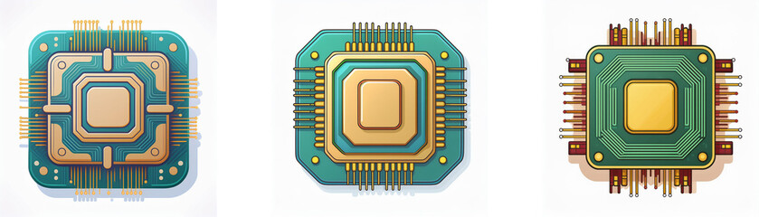 Poster - Three square computer chips, one with a golden design on a green circuit board and two with a golden chip and brown contacts.