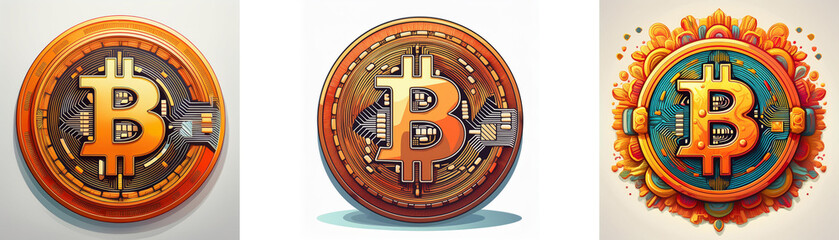 Poster - Three stylized versions of the Bitcoin symbol, each with a different background and design.