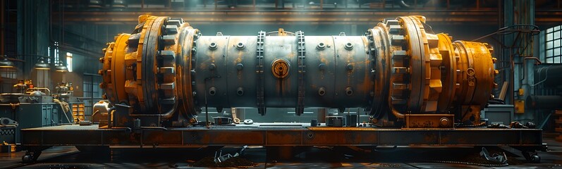 Fototapete - A large industrial machine is showcased in a dimly lit workshop, featuring metallic components and intricate detailing.
