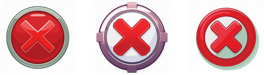 Poster - Three round red buttons with a red X on the inside, each with a different style of border.