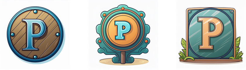 Aufkleber - Three circular badges with a capital letter P in the center. Each badge has a unique design with different colors and textures.