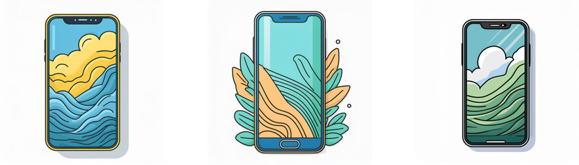 Fototapete - Three smartphones with unique wallpaper designs, each showcasing a different natural element, such as a sky, mountain, and water scene.