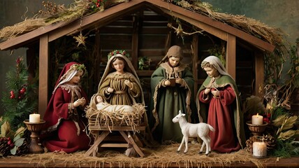 Traditional Christmas nativity scene. The atmosphere of holiness, peace, and love reminds us of the birth and miracle of Christmas.