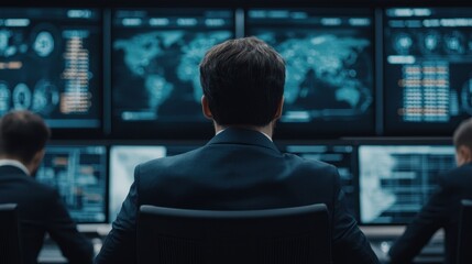 Poster - A professional setting featuring individuals monitoring multiple screens displaying data, maps, and analytics.