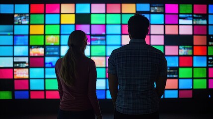 Poster - Two individuals watch a vibrant wall of colorful screens displaying various images, creating a visually dynamic atmosphere.