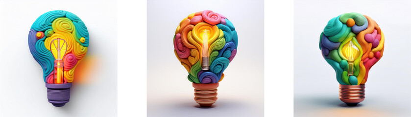 Poster - Three colorful light bulbs shaped from clay with a glowing light inside.
