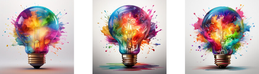 Poster - three light bulbs filled with colorful paint splatters, a metaphor for creative inspiration.