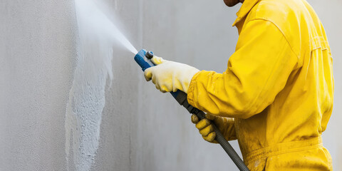 Close-up of Construction worker cleaning a facade of a building using a high pressure water jet. Building cleaning